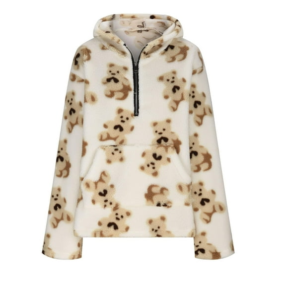 Women's Bear Half Zip Coat Printed Double Layer Fleece Pullover Hoodie Casual Loose Pocket Long Sleeve Sweater,White,M