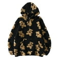 thumbnail image 1 of Women's Bear Half-Zip Coat Printed Double-Layer Fleece Pullover Hoodie, Casual Loose Pocket Long-Sleeve Sweater for Comfortable Fashion,Black,L, 1 of 7