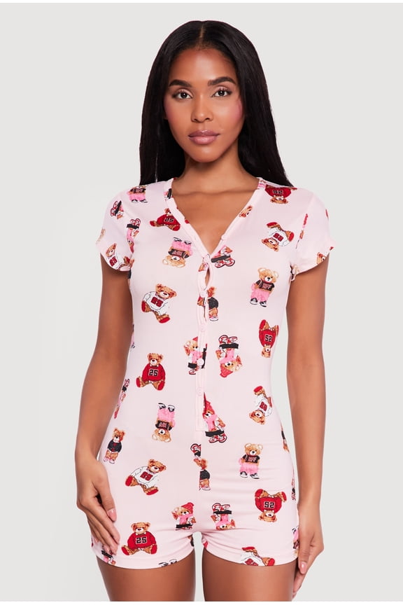 Women's Bear Patterned Button Front Pajama Romper