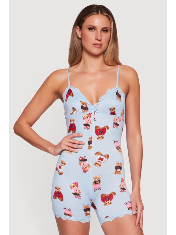 Women's Bear Patterned Lace Trim Pajama Romper