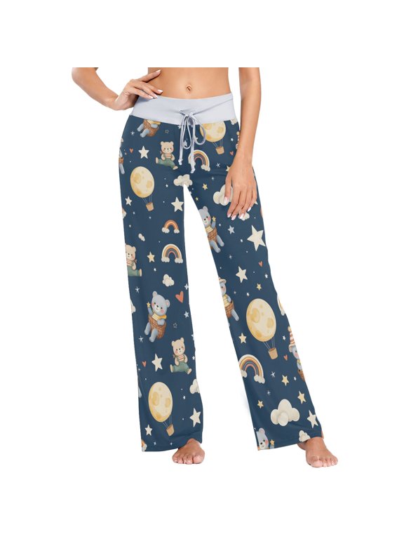 Women's Bear Rainbow Clouds Hot Air Balloon Comfy Stretch Wide Leg Pajama Pants, Drawstring Waist Casual Lounge Pants