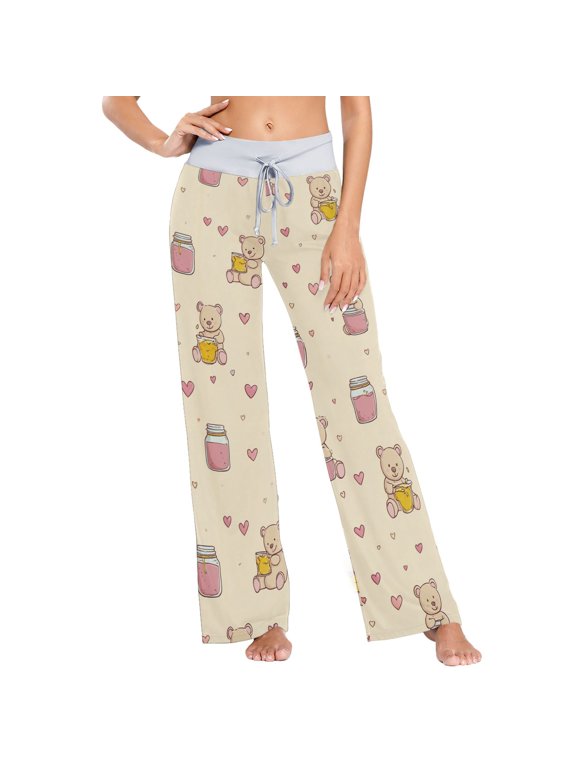 Women's Bears Eat Honey. Comfy Stretch Wide Leg Pajama Pants, Drawstring Waist Casual Lounge Pants