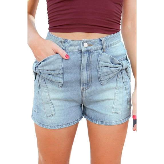 Women's Beau Blue Bow Detail Denim Shorts – Casual High Waist Summer Style with Pockets, 16