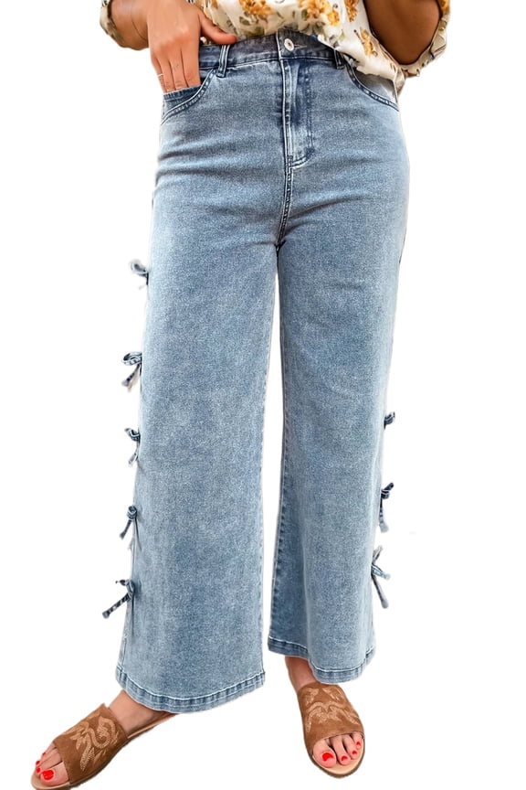 Women's Beau Blue Bow Knot Wide Leg Jeans – Casual Daily Loose Fit, 16