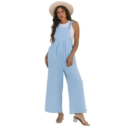 Women's Beau Blue Checkered High Waist Wide Leg Overall with Pocket - [ZhiHiMeRi] | (US 16-18)XL