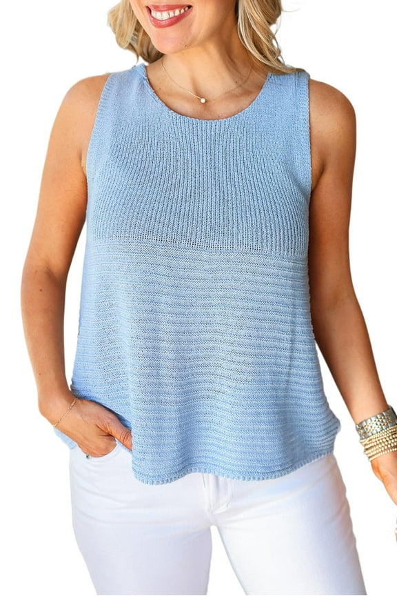 Women's Beau Blue Horizontal Ribbing Patchwork Sleeveless Sweater Tank Top - [ZhiHiMeRi] | (US 16-18)XL