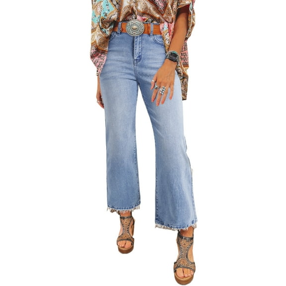 Women's Beau Blue Mineral Wash High Waist Flared Jeans with Raw Hem Detail | [ZhiHiMeRi] | 8