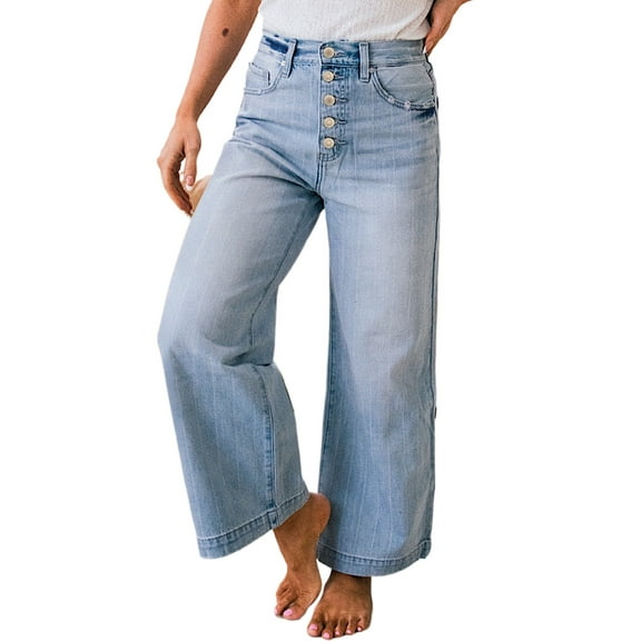 Women's Beau Blue Multi Button Pinstripe Wide Leg Jeans - Trendy and Comfortable | [ZhiHiMeRi] | 16