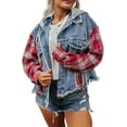 thumbnail image 1 of Women's Beau Blue Plaid Patchwork Hooded Denim Jacket, 1 of 12