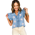 thumbnail image 1 of Women's Beau Blue Sequin Baseball Graphic Button Up Denim Top, 1 of 7