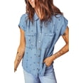 thumbnail image 1 of Women's Beau Blue Star Allover Print Denim Shirt – Short Sleeve Casual Wear for Daily Adventures, L, 1 of 6