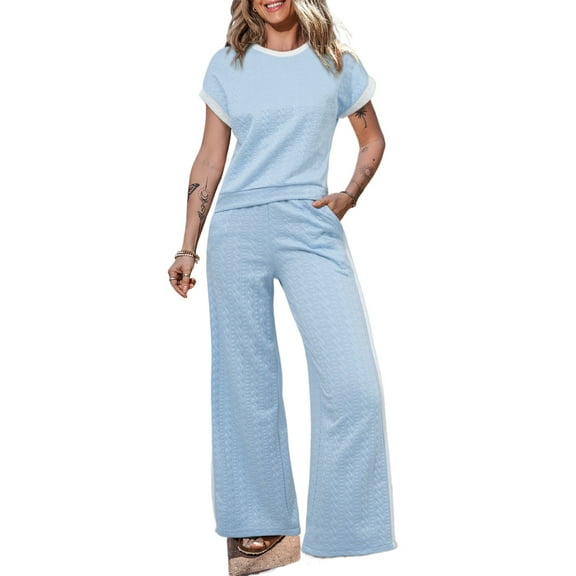 Women's Beau Blue Textured Colorblock Edge Tank Top and High Waist Pants Set - [ZhiHiMeRi] | (US 12-14)L