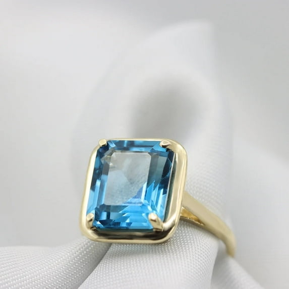 Women's Beautiful Solitaire Engagement Ring 14k Yellow Gold Plated Emerald Cut London Blue Topaz