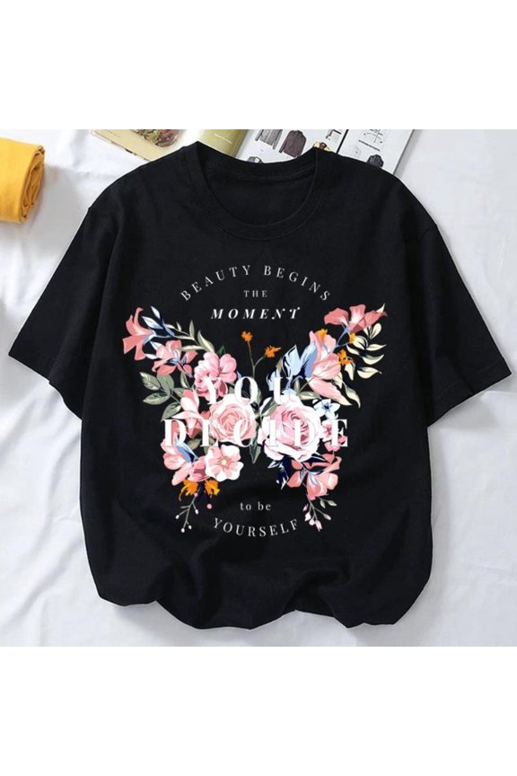 Women's "Beauty Begins The Moment You Decide To Be Yourself" Floral-Themed Graphic T-Shirt Short Sleeve Round Neck Top Black S-5XL