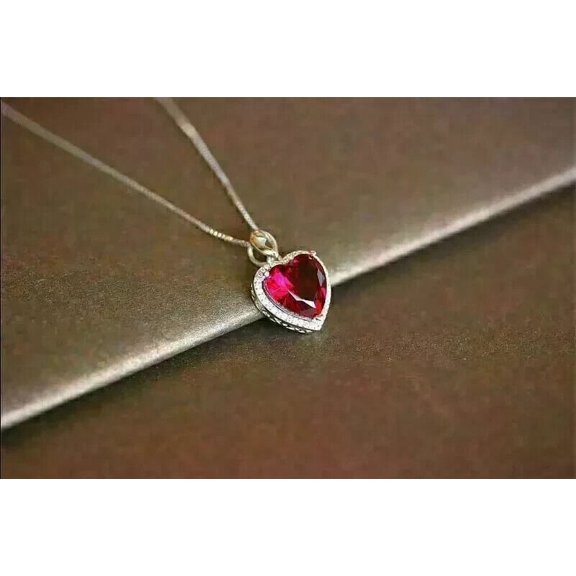 Women's Beauty Pendant Heart Cut Lab-Created 2Ct Red Ruby 14k White Gold Plated