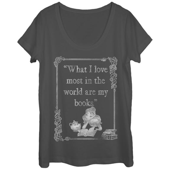 Women's Beauty and the Beast Belle Loves Books Scoop Neck Charcoal Small