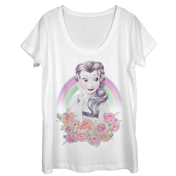 Women's Beauty and the Beast Belle Rainbow  Scoop Neck White Large