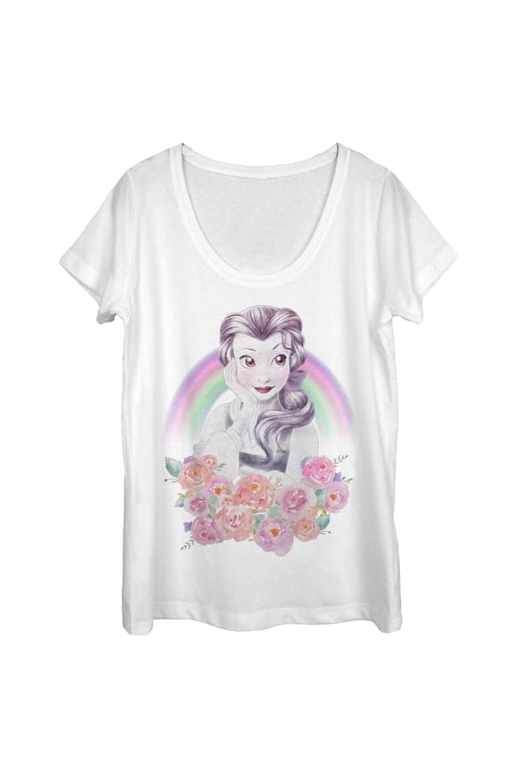 Women's Beauty and the Beast Belle Rainbow Scoop Neck White X Large