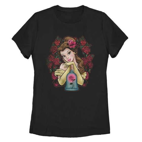 Women's Beauty and the Beast Belle Rose Wreath Graphic Tee Black Small