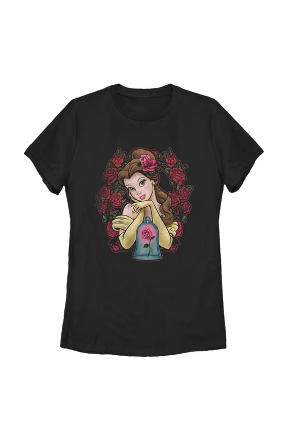Women's Beauty and the Beast Belle Rose Wreath Graphic Tee Black Small