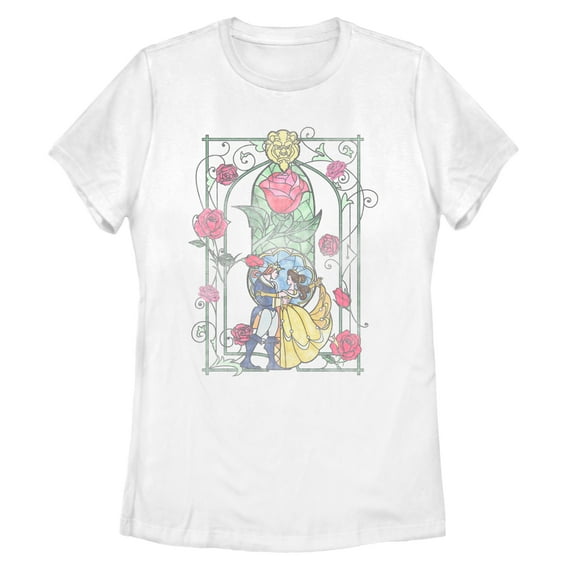 Women's Beauty and the Beast Distressed Classic Love Stained Glass  Graphic Tee White 2X Large
