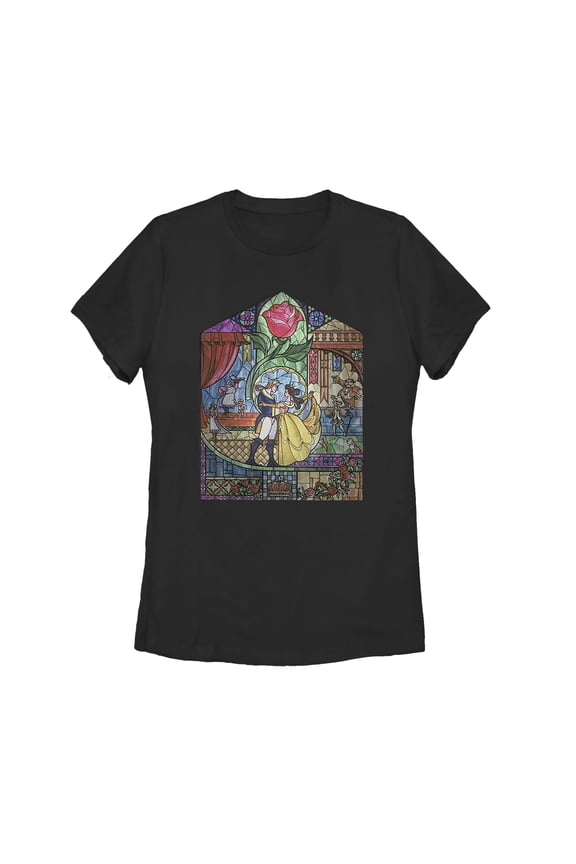 Women's Beauty and the Beast Stained Glass  Graphic Tee Black Small