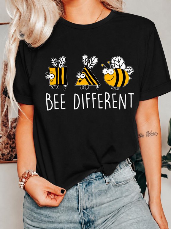 Women's Bee Different Cute Cartoon Bee Graphic T-Shirt, Inspirational Pun Crew Neck Cotton Tee