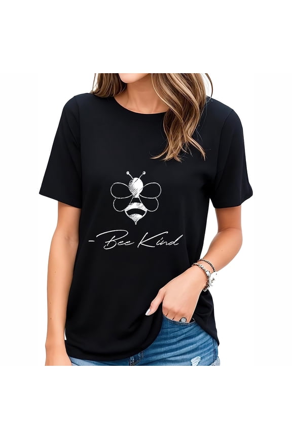 Women's Bee Kind Graphic T-Shirt Retro Inspirational Short Sleeve Black Casual Summer Tee