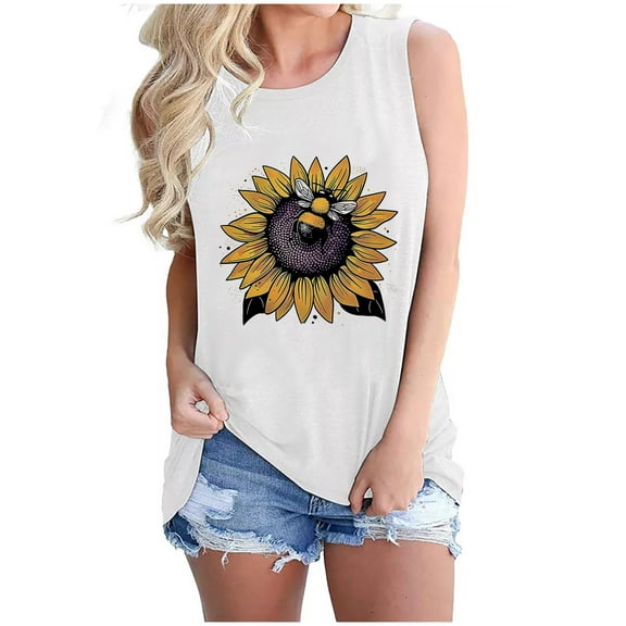 Women's Bee Print Sleeveless Tank Top Cotton Crewneck Blouse Y2K Retro Graphic Beekeeper Hive Casual Beach Tee Honey Bee Lover Apparel