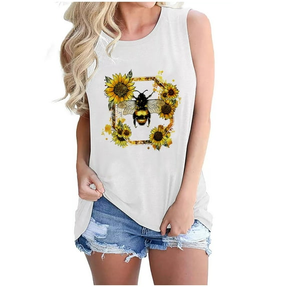 Women's Bee Print Sleeveless Tank Top Cotton Crewneck Blouse Y2K Retro Graphic Beekeeper Hive Casual Beach Tee Honey Bee Lover Apparel