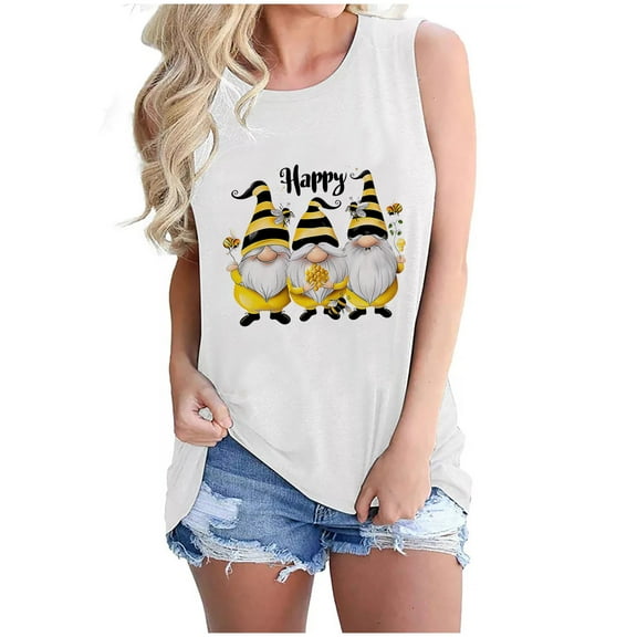 Women's Bee Print Sleeveless Tank Top Cotton Crewneck Blouse Y2K Retro Graphic Beekeeper Hive Casual Beach Tee Honey Bee Lover Apparel