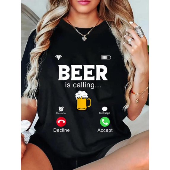 Women's "Beer is calling" Phone-Themed Graphic Cotton T-Shirt Casual Breathable Short Sleeve Round Neck Top Black S-5XL