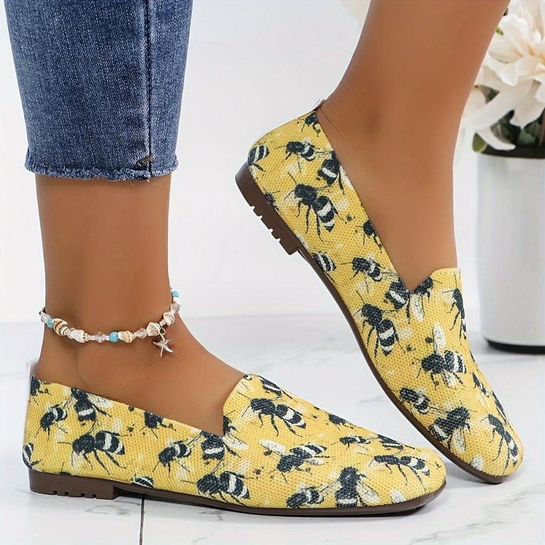 Women s Bees Pattern Flat Shoes Fashion Square Toe Slip On Shoes Casual Breathable Daily Flats Walmart