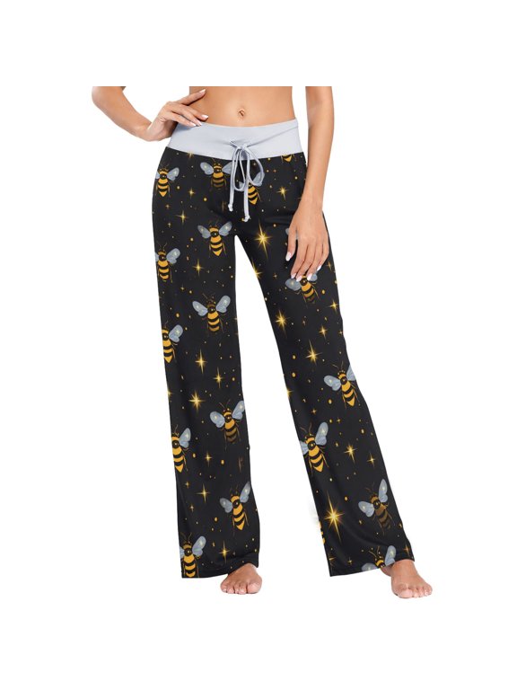 Women's Bees Stars Comfy Stretch Wide Leg Pajama Pants, Drawstring Waist Casual Lounge Pants