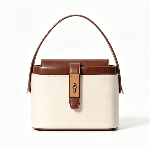 Women’s Beige Brown Bucket Handbag, Top Handle Purse with Lock Detail
