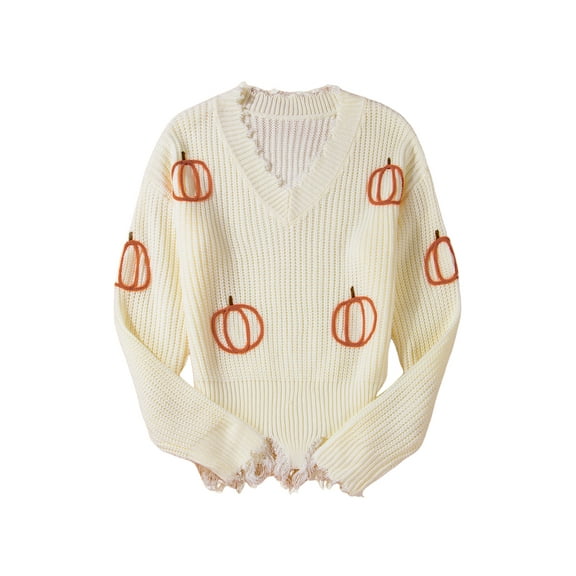 Women's Beige Cable Knit Pumpkin Raw Hem V Neck Sweater - [ZhiHiMeRi] | (US 12-14)L