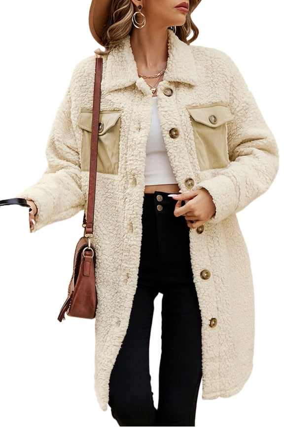 Women's Beige Contrast Flap Pocket Single Breasted Teddy Coat for Winter | [ZhiHiMeRi] | (US 4-6)S