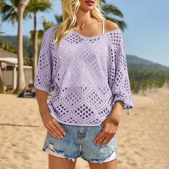 Women's Beige Crochet Top with V Neck Summer Crochet Long Sleeve Sexy Tops Cover Cruise Outfit