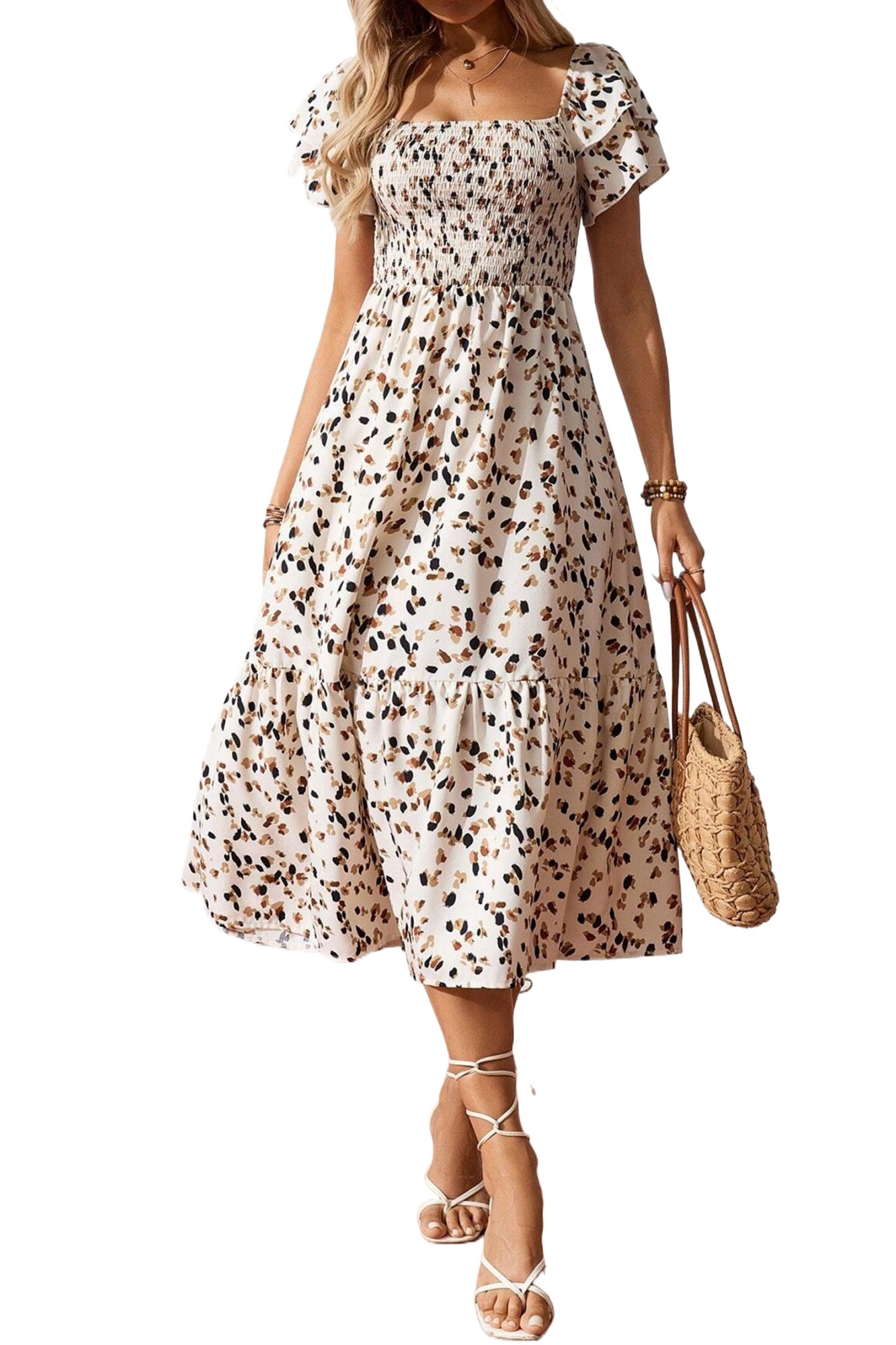 beige ditsy floral dress Women's Print – Smocked Square Neck with Ruffle Short Sleeves for Summer, S The soft floral print on_sale 5 Little Black Dress Size:10 US - 43 EU