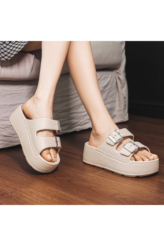 Women's Beige Dual Buckle Platform EVA Slide Sandals