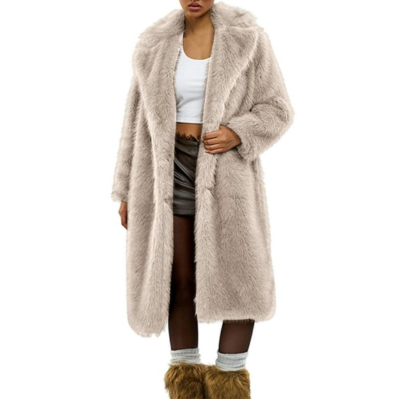 Women's Beige Faux Fur Coat Solid Color Long Sleeve Warm Jacket for Winter in Neutral Tone