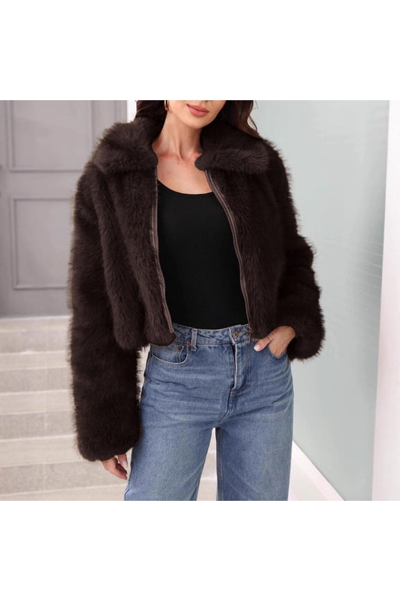 Women's Beige Faux Fur Coat with Collared Design Plain Elegant Long Sleeve Casual Outerwear