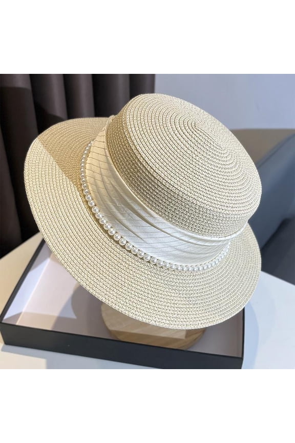 Women's Beige Flat Top Hat with Pearl Accent & Silk-Inspired Detailing – Lightweight Sun Protection Hat for Beach, Garden Party, Travel & Casual Outings