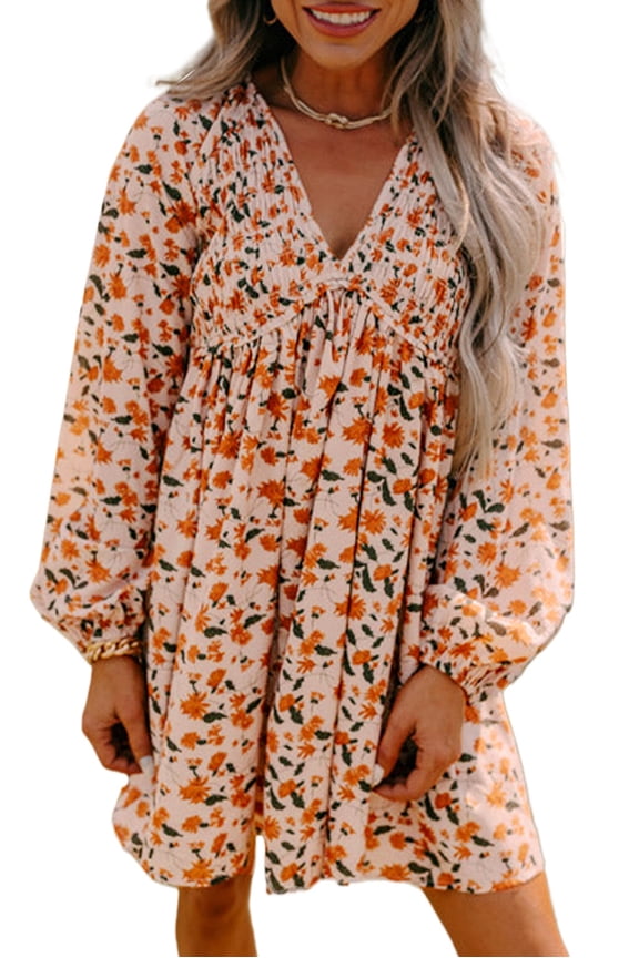 Women's Beige Floral Deep V Neck Smocked Bust Bubble Sleeve Babydoll Mini Dress | [ZhiHiMeRi] | (US 16-18)XL