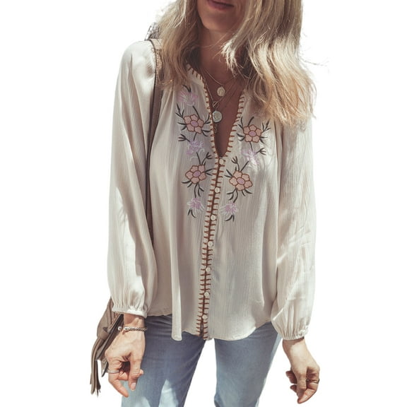 Women's Beige Floral Embroidered Textured Puff Sleeve Loose Shirt | [ZhiHiMeRi] | (US 12-14)L