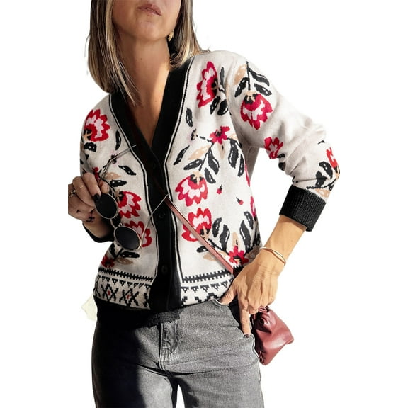 Women's Beige Floral Print Buttoned Front Cardigan – Cozy V Neck Knit for Daily Wear | L