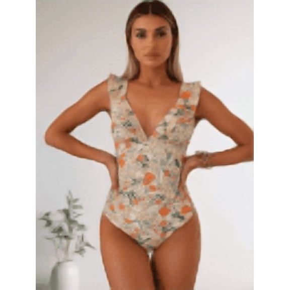 Women's Beige Floral Print Ruffle Strap V-Neck One-Piece Swimsuit, Tummy Control Ruched Bathing Suit for Beach & Pool