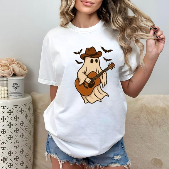 Women's Beige Ghost Graphic Tee with Brown Hat, Guitar & Black Bats Print T-Shirt, Interesting design，Retro，cotton，white，S-5XL