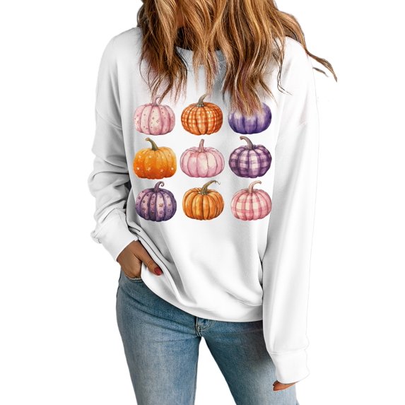Women's Beige Halloween Pumpkin Graphic Pullover Sweatshirt