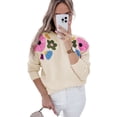 thumbnail image 1 of Women's Beige Knitted Flower Pattern Ribbed Edge Sweater, 1 of 12
